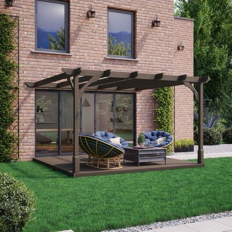 Premium Wall Mounted Pergola and Decking Kit - Wood - L420 x W420 x H270 cm - Rustic Brown
