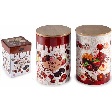 Barattoli in ceramica alimentare con stampa dolci / cioccolato e tappo in legno, set da 2 pezzi, Ø 10 cm x 14,5 H