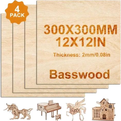 Madera en bruto, 2 mm de grosor, 12 x 12 pulgadas, 4 piezas (1/2)