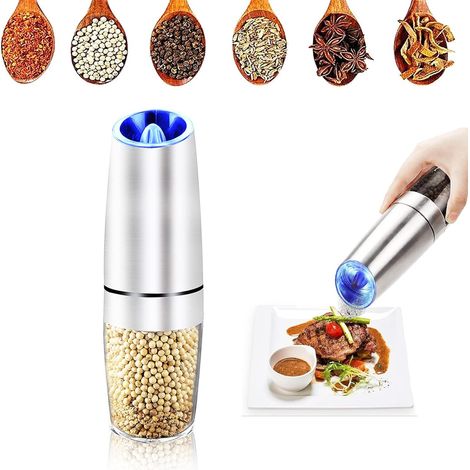 Gravity Moulin à poivre et sel électrique à piles avec lumière bleue et grossissement réglable Fonctionnement à une main Brosse de nettoyage Argenté (1/5)