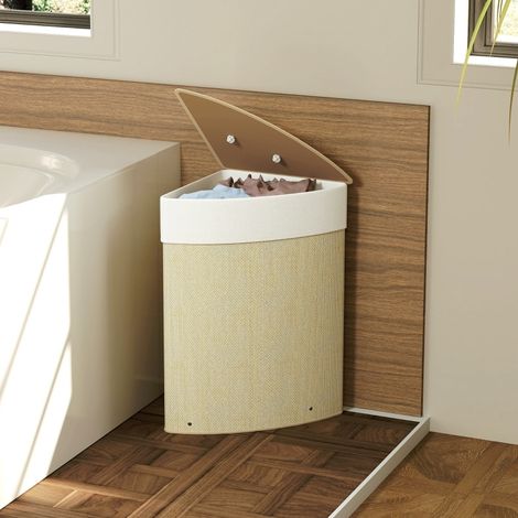 Cesto de ropa de esquina 55 L de bambú con bolsa lavable, tapa extraíble, crema DESVIAE (1/5)