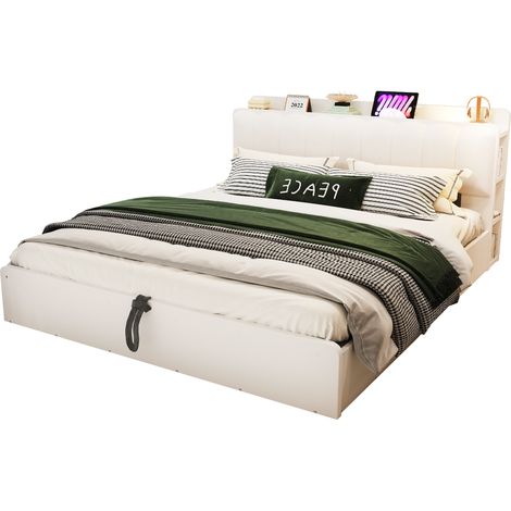 Lit double bois 180x200 cm avec rangement hydraulique, tête de lit rembourrée, tablette et usb, blanc (1/5)