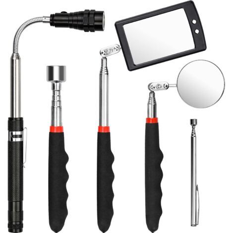 Lot de 5 outils de ramassage magnétiques Outils de ramassage magnétiques rétractables Comprend un aimant rétractable de 1,5/20 lb Miroir d'inspection carré/rond avec LED et lampe de poche Rotation à 3 (1/5)