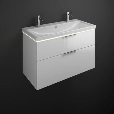 Burgbad Eqio Keramik-Doppelwaschtisch mit Unterschrank, 2 Auszüge mit LED-Beleuchtung, Griffleiste Frassino Dekor Cappuccino/Alpinweiss 103 cm Chrom
