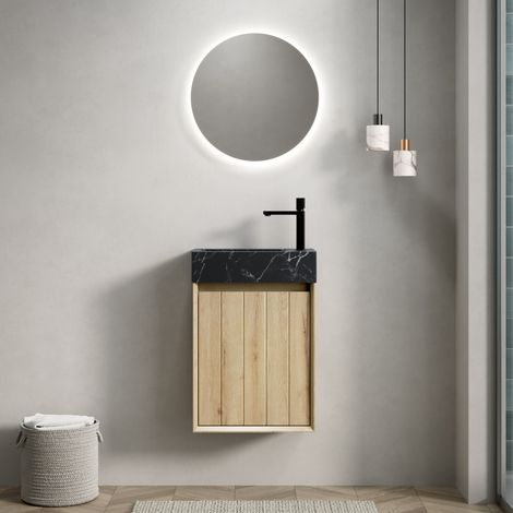 Waschbeckenunterschrank hängend 40 cm modern mit integriertem Marmorwaschbecken, 1 Tür, Weiß-Eiche (1/5)