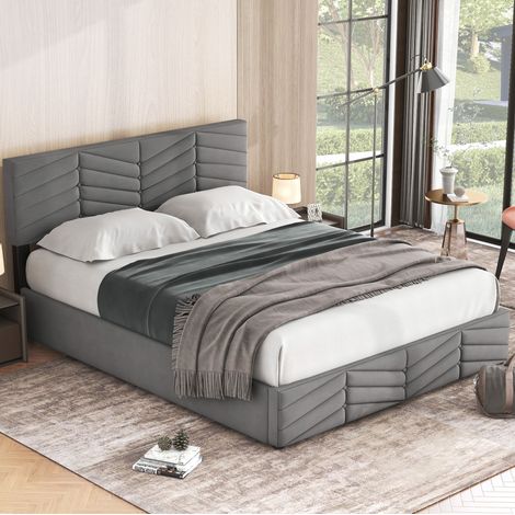 CHICFURN Letto matrimoniale 140x200 cm in velluto grigio con contenitore, senza materasso (1/5)