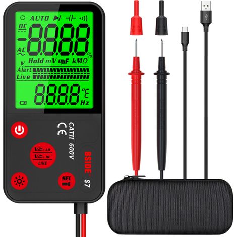 Professionelles digitales Multimeter zur Messung von Spannung, Widerstand und Frequenz mit hintergrundbeleuchtetem Display.