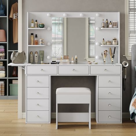 Coiffeuse avec miroir LED - 3 éclairages - tabouret - 11 tiroirs - plateau verre - station de charge-blanc (1/5)