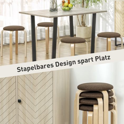 Lot de 4 tabourets rembourrés empilables, assise laquée marron, piètement en bois (1/4)