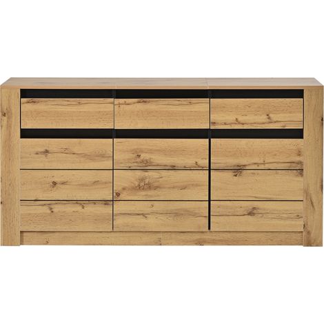 Credenza 135x35x70 cm in truciolato color naturale con 3 cassetti e armadietti (1/5)