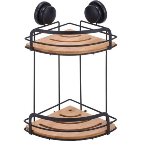 Etagère de douche d'angle à ventouses 2 Niveaux Bambou & Acier Noir mat MSV