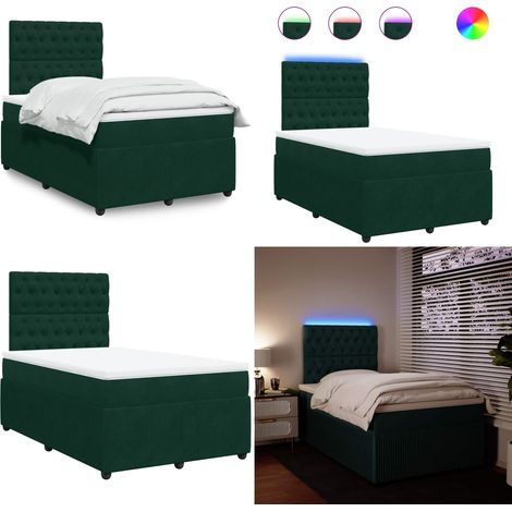 Cama box spring con colchón terciopelo verde oscuro 120x200 cm - Colchón de muelles ensacados - Cama con luz LED