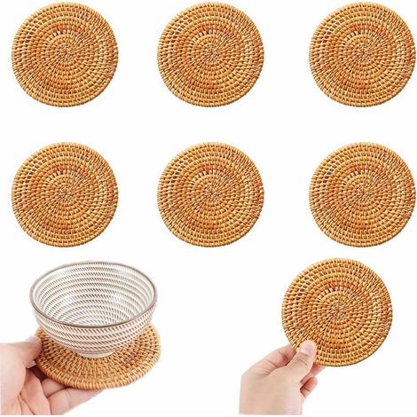 6 Pièces Dessous de Verre en Rotin Dessous de Verre en Rotin Tissé à la Main Tapis DIsolation Thermique Antidérapant Dessous de Verre en Rotin pour la Maison, Restaurant, Bar, Café, Boisson, Thé, Eau (1/5)