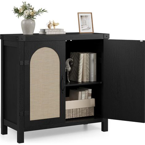 Buffet rangement rotin style bohème, 2 portes finition grain de bois noir (1/5)