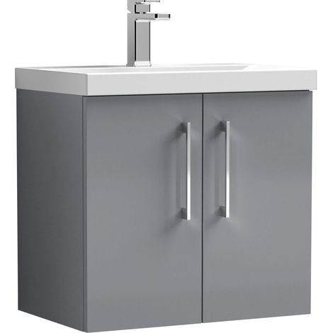 Balterley Contemporary Bathroom 2 Soft Close Door & Thin-Edge Wall Hung Vanity Unit Basin, Satin Grey, 600mm