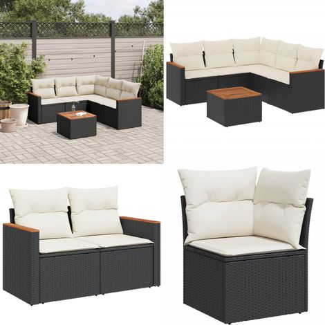 Salon de jardin 6 pcs avec coussins noir résine tressée - Ensemble Salon De Jardin - Mobilier Extérieur - Jardin Design - Chaise Lounge - Set Salon - Home & Living (1/5)