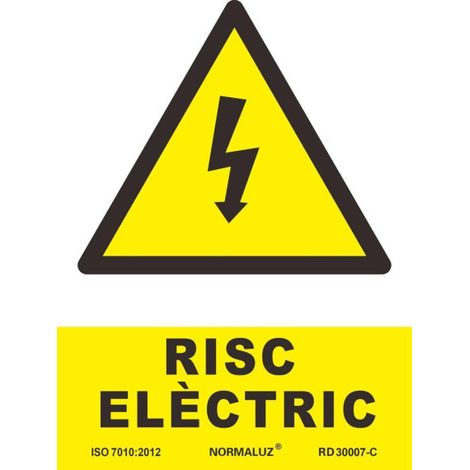 Señal de riesgo eléctrico en Catalán "RISC ELÈCTRIC" texto y pictograma SEKURECO