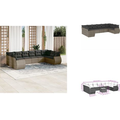10-tlg. Garten-Sofagarnitur mit Kissen Grau Poly Rattan - Gartenmöbel Set - PE-Rattan Möbel - Outdoor Lounge - Garten Sofa - Esstisch Set (1/3)