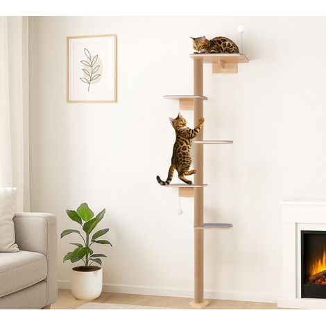 Grand arbre à chat - 210 cm - Arbre à chat mural - 5 étages - En bois naturel avec tissu feutre gris robuste - Arbre à chat mural pour grimper, gratter et jouer (1/5)