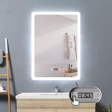 Badezimmerspiegel Badspiegel mit Beleuchtung Wandspiegel Lichtspiegel 50 x 70 cm Beschlagfrei Uhr 3 Lichtfarben Dimmbar LED Memory Funktion (1/5)