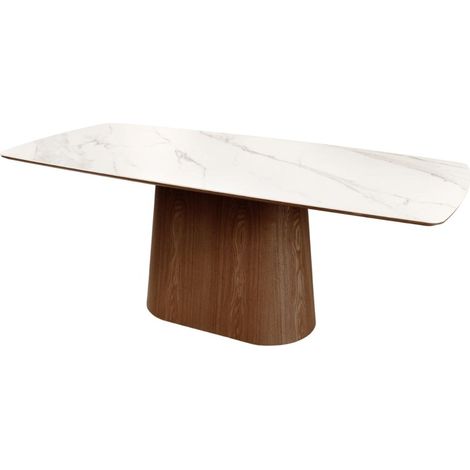 Rechteckiger Tisch LUMEA – 200 cm – Tischplatte aus Keramik mit weißem Marmoreffekt und dunklem Holzfuß – Zeitgenössischer Stil