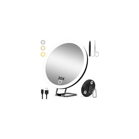 Miroir Grossissant 30X Avec Lumière, 15cm 3 Modes de Couleur Dimming, Lumineux de Maquillage, Grand de Voyage Rechargeable Avec 3 Ventouses et Support de Table 360° (1/4)