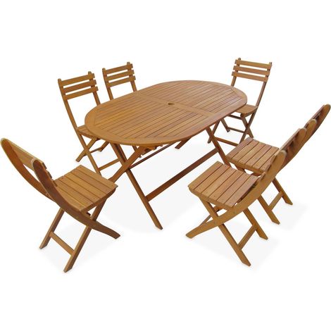 6-seater oval wooden folding garden table Natural 150x90x74 cm - Macapa (1/4)