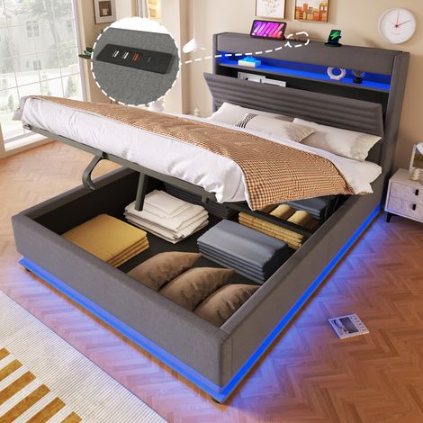 Lit cabriolet 140x200 cm, gris lin, sans matelas, rangement intégré avec coffre à ouverture hydraulique basculante, éclairage LED, charge USB-C, contrôle par appli et bouton-poussoir (1/4)