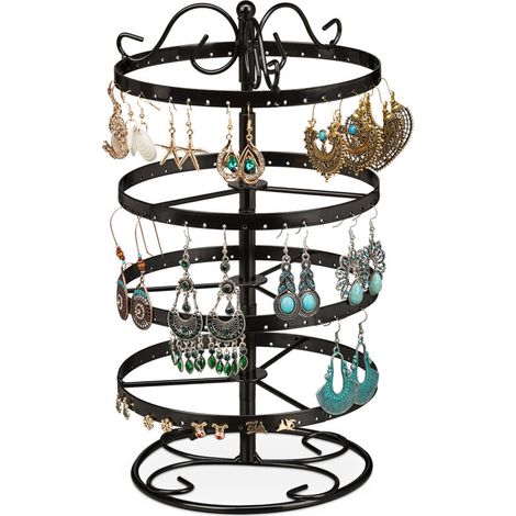 Relaxdays Earring Display Stand, Iron, 168 Slots, Rotating Jewelry Tree, H x D 30 x 16.5 cm, Black