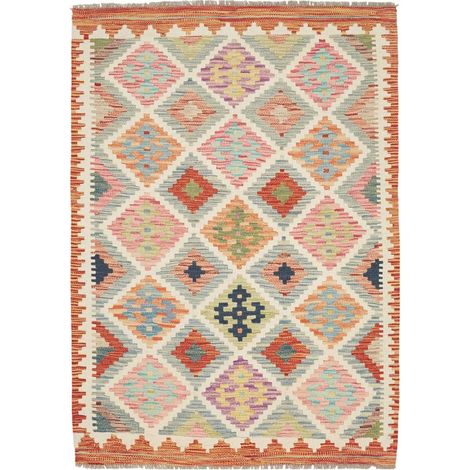 Tapis kilim, 102 x 147 cm, motif géométrique, multicolore, bleu et rouge, en laine naturelle, tissage artisanal (1/5)