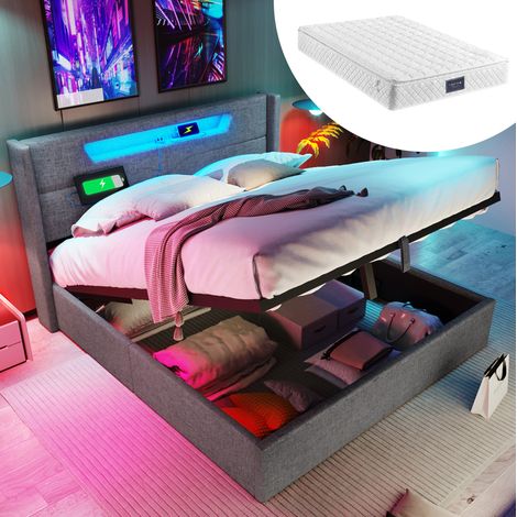 Bett Doppelbett Stauraum LED 140x200 Grau HAVRYA (1/5)