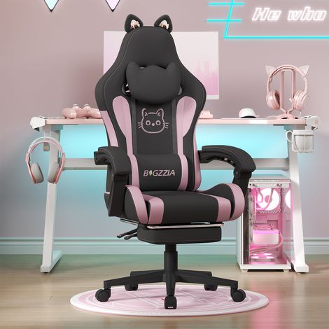 Xhomrattan Ergonomischer Gaming-Stuhl mit Katzenohren für Mädchen und Erwachsene, höhenverstellbarer Computer-Gaming-Stuhl mit Kopfstütze und Massage-Lendenwirbelstütze (Schwarz und Rosa)