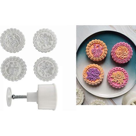 Moule à gâteau de lune avec 4 opercules - Rose, pivoine, fleur de prunier - Moule à biscuits pressés (1/4)