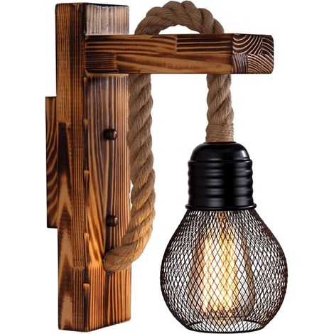 Applique murale en bois avec corde en chanvre, applique murale rétro LED E27, pour salon, table de chevet, couloir, café ou bar (ampoule non incluse) (1/5)