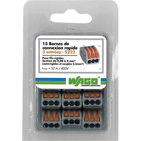 Wago – 15 bornes de connexion rapide 222 – 3 fils – Ressort cage – Courant 32A – Tension 600V – Section 12 à 29 AWG – Polyamide
