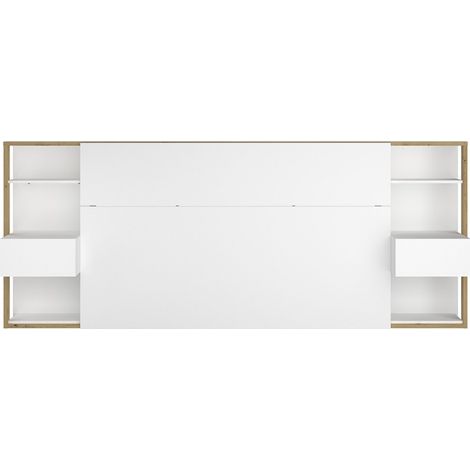 Tete de Lit avec etageres + chevets - Decor chene artisan et blanc - L 255 x P 36 x H 103 cm - WHITE (1/5)