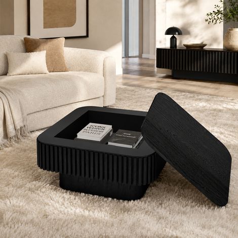Table Basse Carrée 75 cm avec Rangement Caché Plateau Relevable en MDF Effet Bois Noir pour Salon et Bureau (1/5)