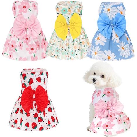 Ensemble de 4 robes mignonnes pour chien - Robes d'été pour chien - 4 couleurs et styles différents - Avec nœud - Douces et respirantes - Vêtements d'été pour animaux de compagnie - Rose, rouge, jaune (1/5)