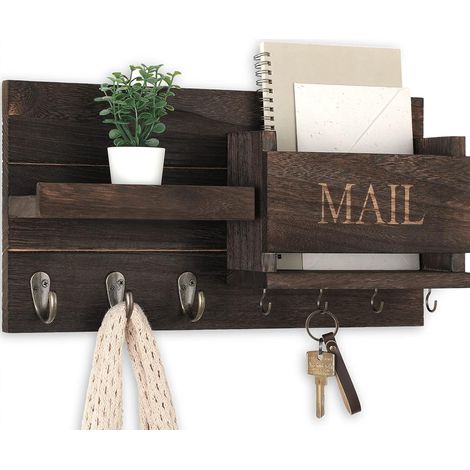 Organisateur de courrier mural - Porte-clés avec étagère - Porte-lettres et crochets - Bois rustique - Décoration de style champêtre pour couloir - Matériel de fixation inclus - 42 cm x 23 cm x 8,6 cm (1/5)