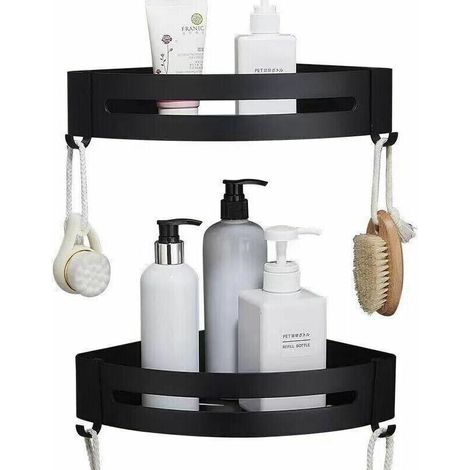 Lot de 2 organisateurs de rangement pour étagère de douche murale sans perçage avec 4 crochets (noir) (1/5)