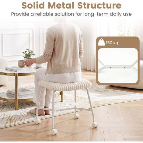 Set of 2 White Upholstered Rolling Stools with Casters (1/5)