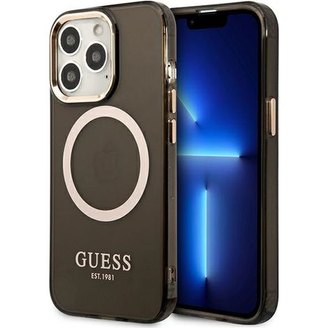 Coque rigide noire Guess GUHMP13LHTCMK pour iPhone 13 Pro / 13 6.1, contour doré, compatible MagSafe translucide