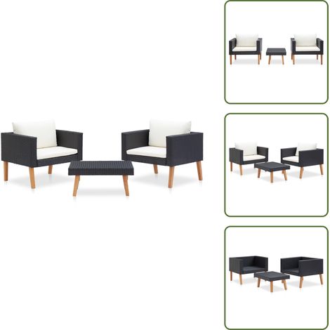3-tlg. Garten-Lounge-Set mit Auflagen Poly Rattan Schwarz - Gartensitzgruppe - Loungesessel - Outdoor-Möbel - Gartenmöbel-Set - Rattan Gartenmöbel