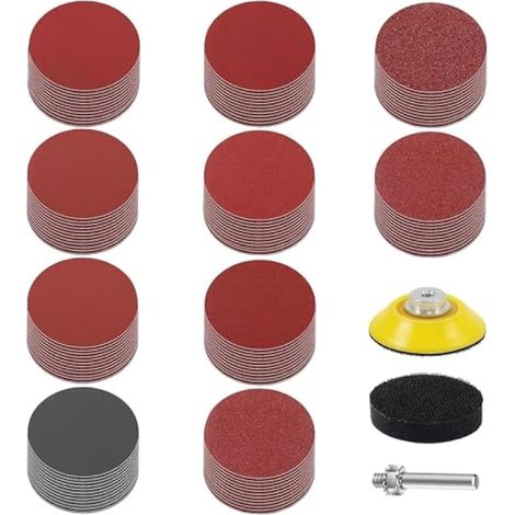 Accessoire de ponçage pour perceuse, 120 disques abrasifs 50mm, grains assortis 80 120 180 240 320 400 600 1000 2000 3000 pour polissage, avec adaptateur pour outils électriques
