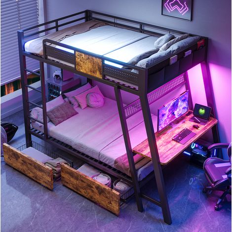 Metall-Hochbett 90x200 cm schwarz aus Metall mit Schreibtisch, LED, Steckdosen und Stauraum (1/5)