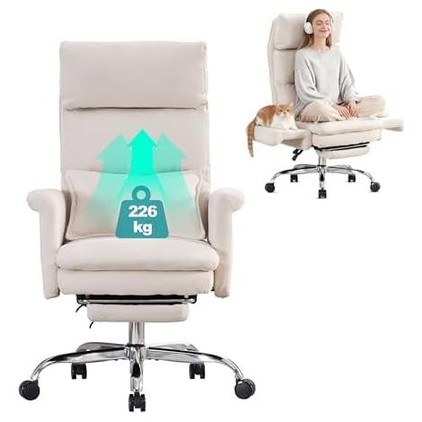 UEV Sedia Ergonomica con Braccioli Reversibili, Alta e Grande, Poltrona Ufficio Ergonomica con Poggiatesta Regolabile e Poggiapiedi Retrattile, Capacità Massima 226 kg, Beige (1/5)