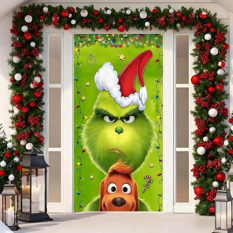 Decoración navideña para puerta (90 x 200 cm), diseño navideño colgante para exteriores, puerta de entrada y porche, gran decoración festiva (1/4)