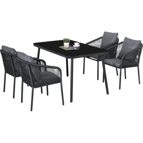 Salon de jardin 4 places en rotin PE, avec chaises empilables et coussins, plateau de table en verre trempé et structure en aluminium. (1/5)