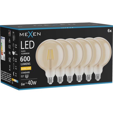 Mexen Vintis 6x Ampoule filament LED E27, G125, 6W, Chaude - 2700K, 600 lm, ambre - L158-E27-0627-50x06 (1/5)