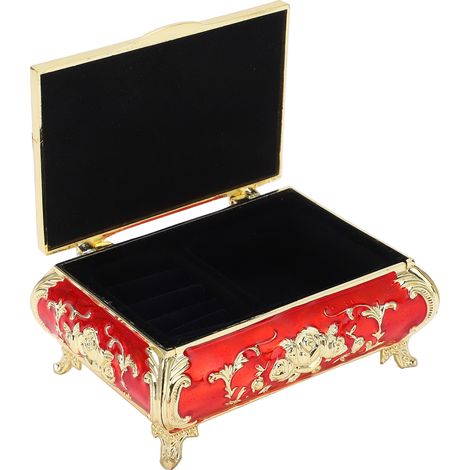 Vintage-Schmuckkästchen, Vintage-Stil, glänzende Zinklegierung, leuchtende und kräftige Farben, weiches, kratzfestes Samt-Interieur, kleines gold-rotes Schmuckkästchen. (1/5)